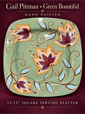 Gorgeous Gail Pittman Green Bountiful Hand Painted Square Serving Platter 15.75”